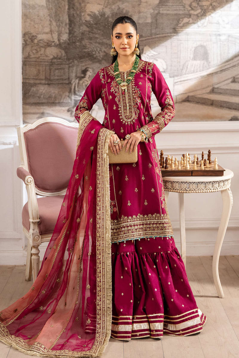 Maria B | Pre Fall Dresses | 3 Piece Embroidered Raw Silk Suit Redish Pink by Maria B - Designer Dress  - Type : Ladies Clothes - Available at Libayah - 100% Original 