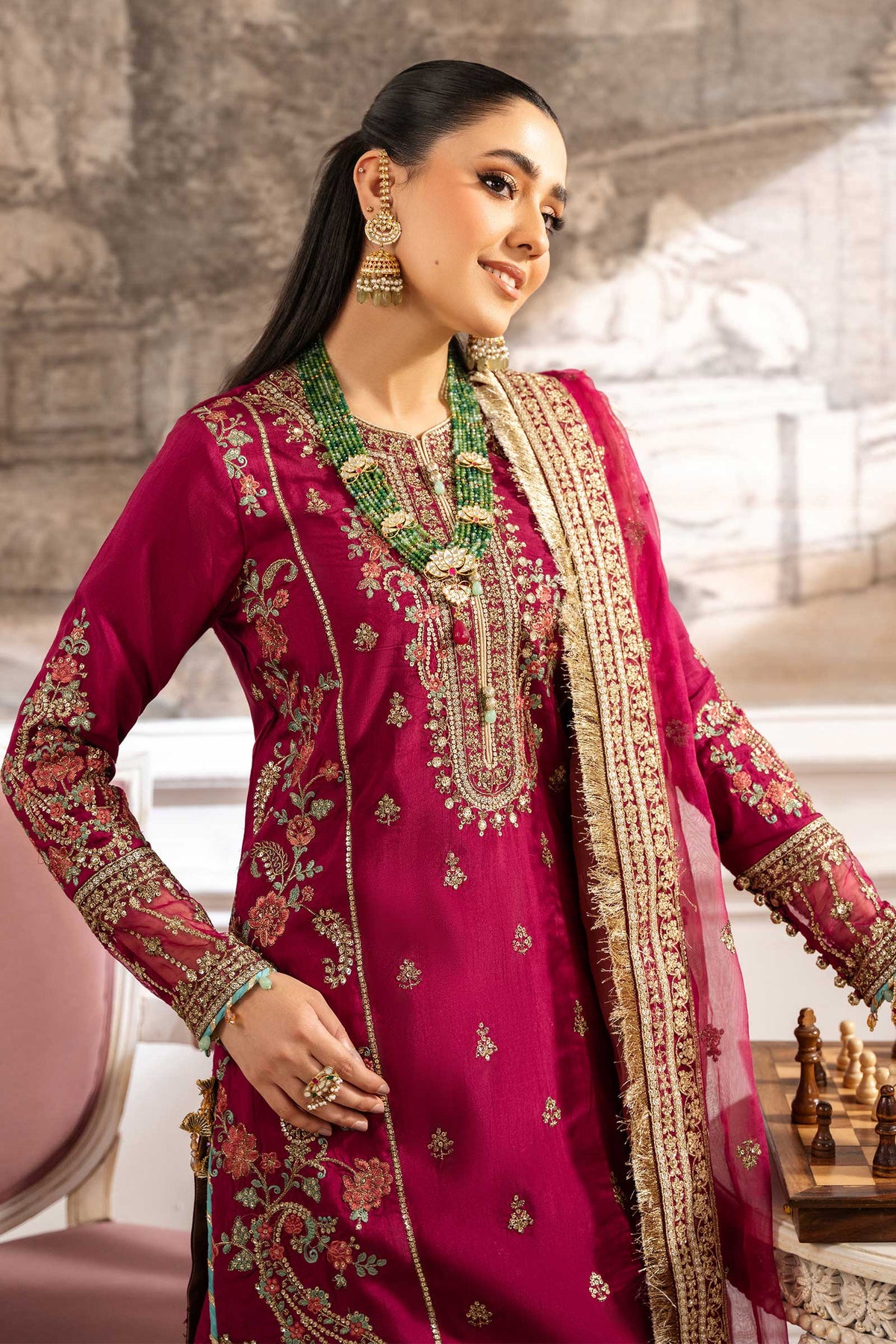 Maria B | Pre Fall Dresses | 3 Piece Embroidered Raw Silk Suit Redish Pink by Maria B - Designer Dress  - Type : Ladies Clothes - Available at Libayah - 100% Original 
