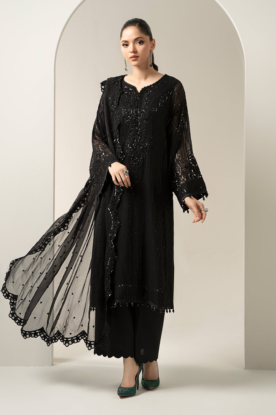 Maria B | Pre Fall Dresses | 3 Piece Embroidered Chiffon Suit Black by Maria B - Designer Dress  - Type : Ladies Clothes - Available at Libayah - 100% Original 