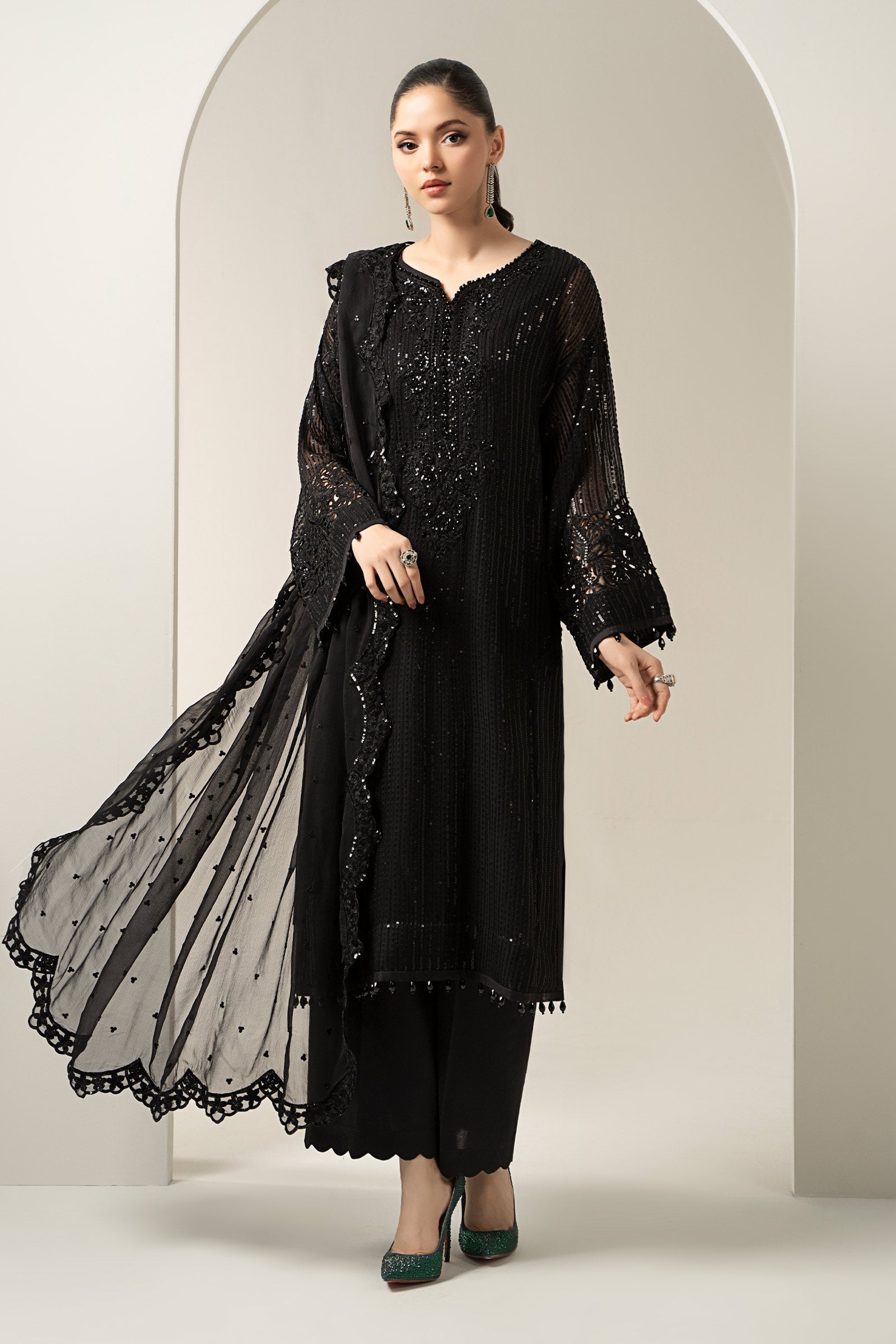 Maria B | Pre Fall Dresses | 3 Piece Embroidered Chiffon Suit Black by Maria B - Designer Dress  - Type : Ladies Clothes - Available at Libayah - 100% Original 