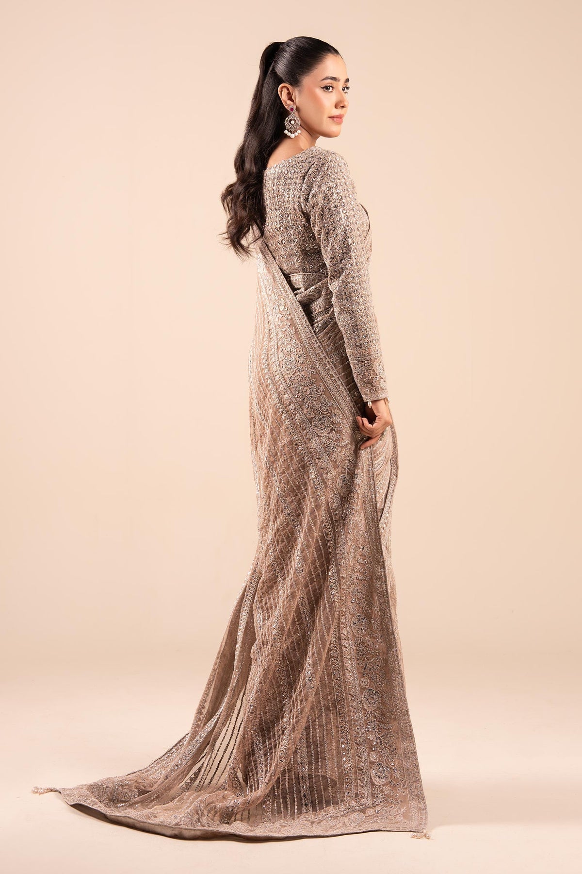 Maria B | Pre Fall Dresses | Embroidered Net Saree Light Skin by Maria B - Designer Dress  - Type : Ladies Clothes - Available at Libayah - 100% Original 