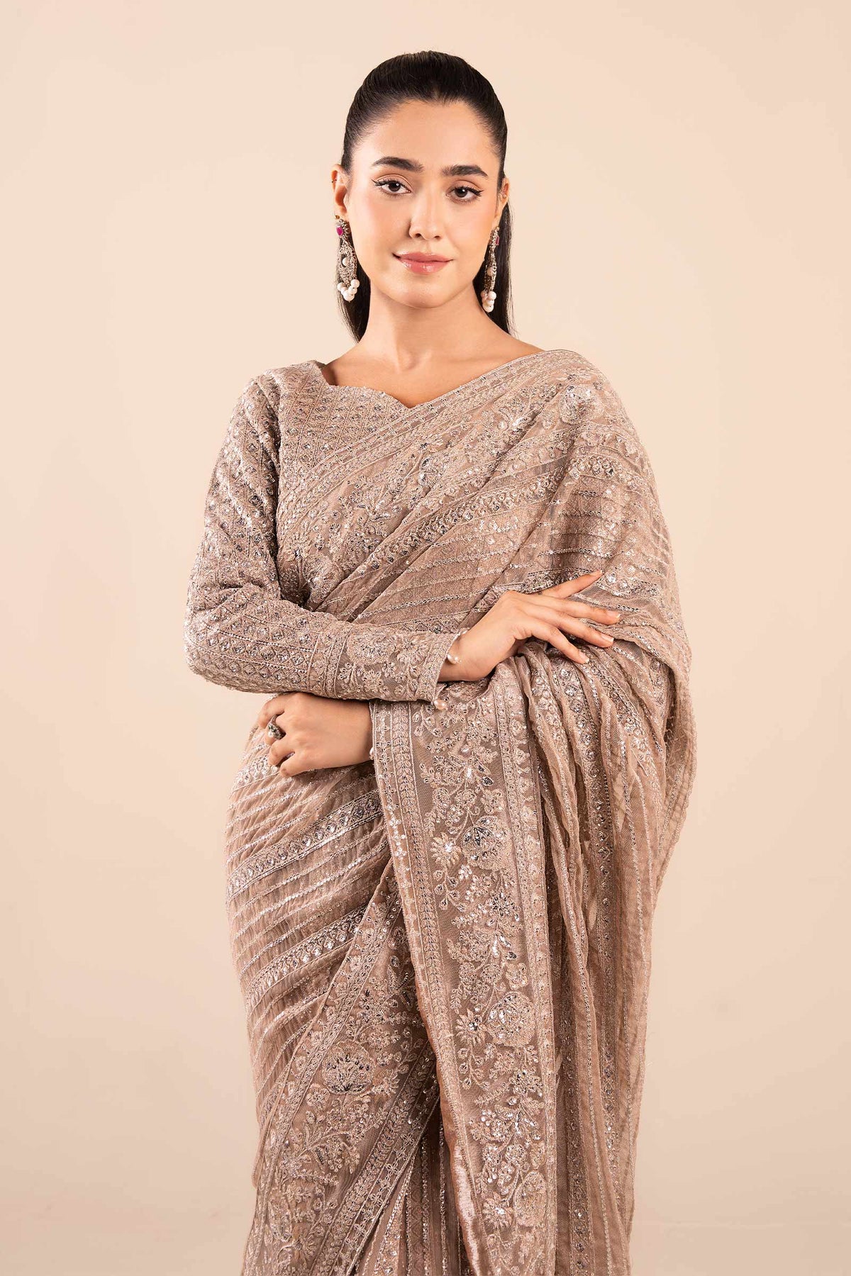 Maria B | Pre Fall Dresses | Embroidered Net Saree Light Skin by Maria B - Designer Dress  - Type : Ladies Clothes - Available at Libayah - 100% Original 