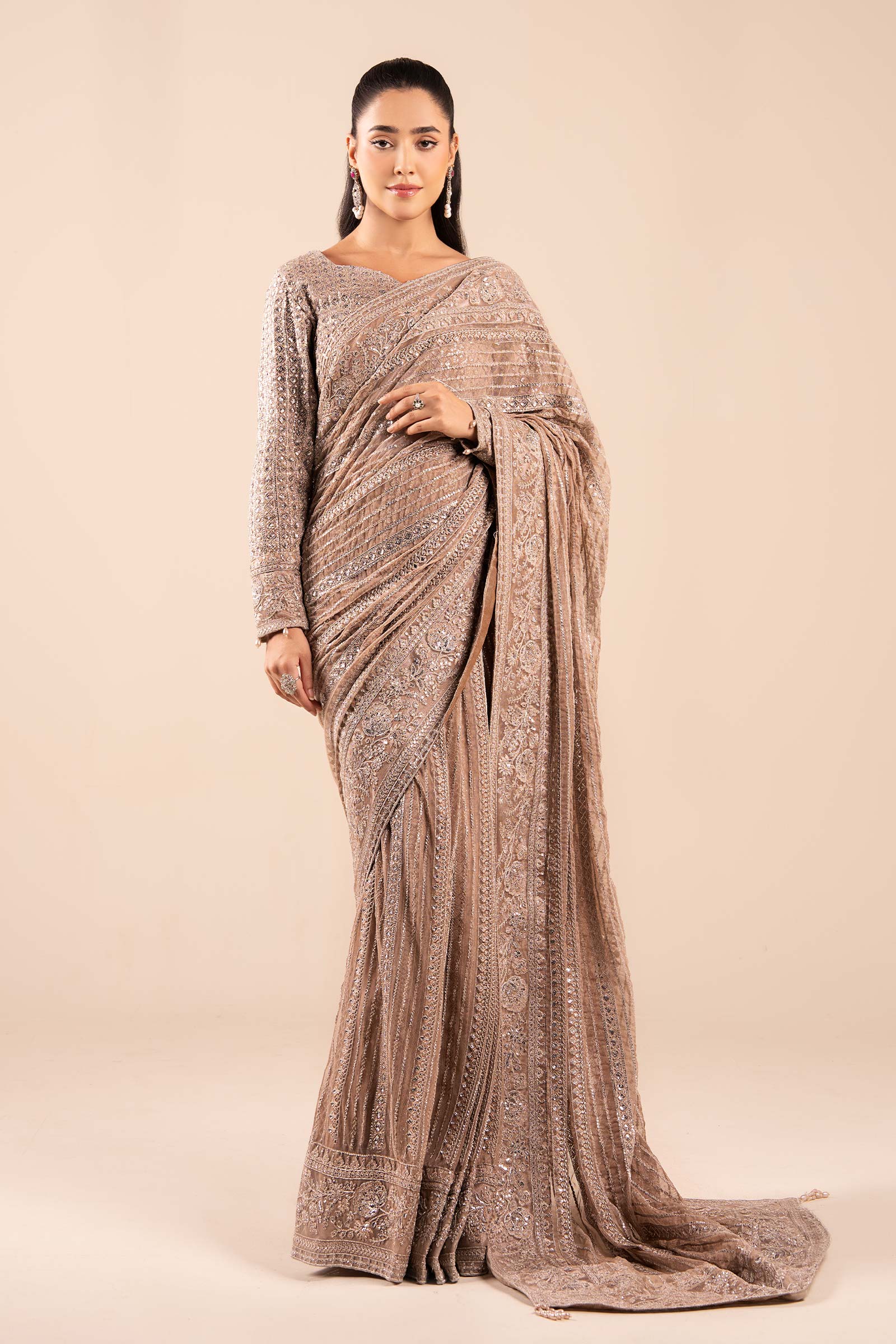 Maria B | Pre Fall Dresses | Embroidered Net Saree Light Skin by Maria B - Designer Dress  - Type : Ladies Clothes - Available at Libayah - 100% Original 