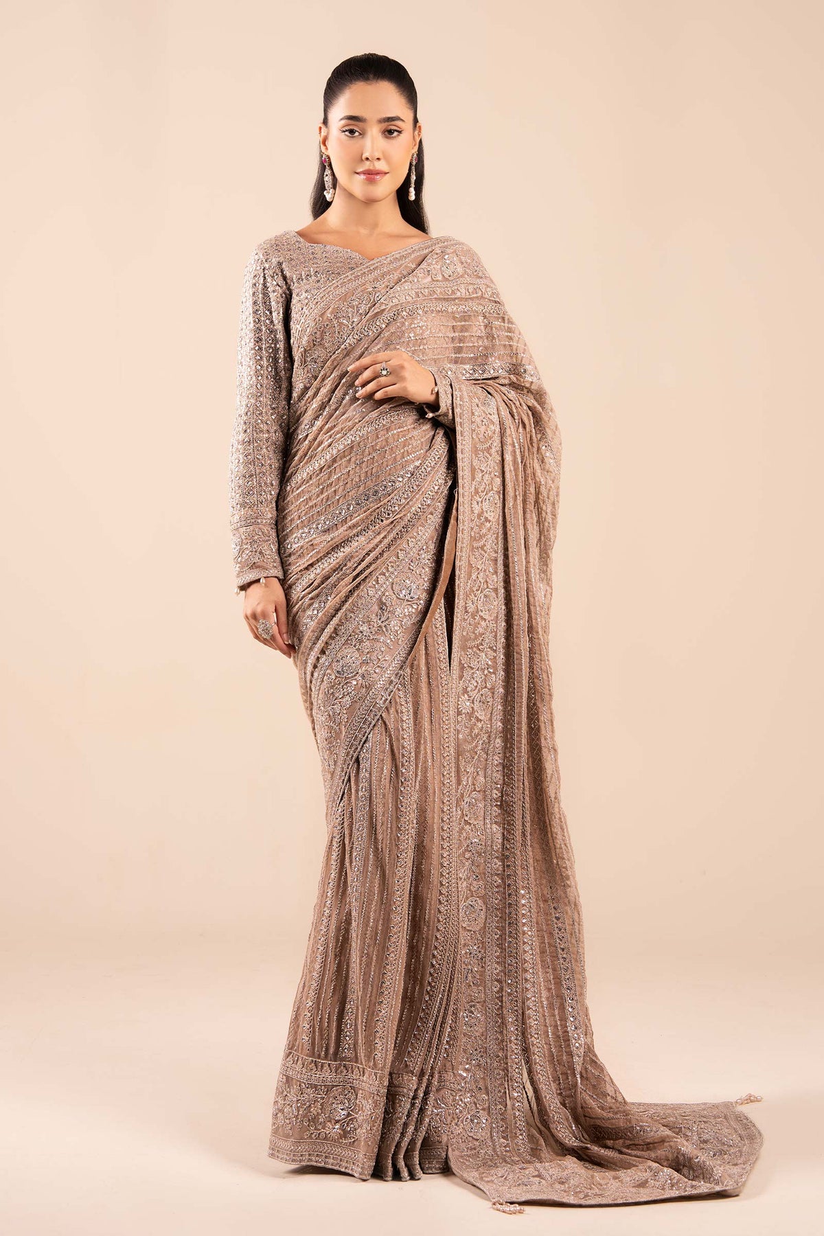 Maria B | Pre Fall Dresses | Embroidered Net Saree Light Skin by Maria B - Designer Dress  - Type : Ladies Clothes - Available at Libayah - 100% Original 