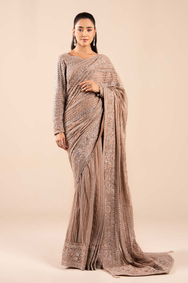 Maria B | Pre Fall Dresses | Embroidered Net Saree Light Skin by Maria B - Designer Dress  - Type : Ladies Clothes - Available at Libayah - 100% Original 