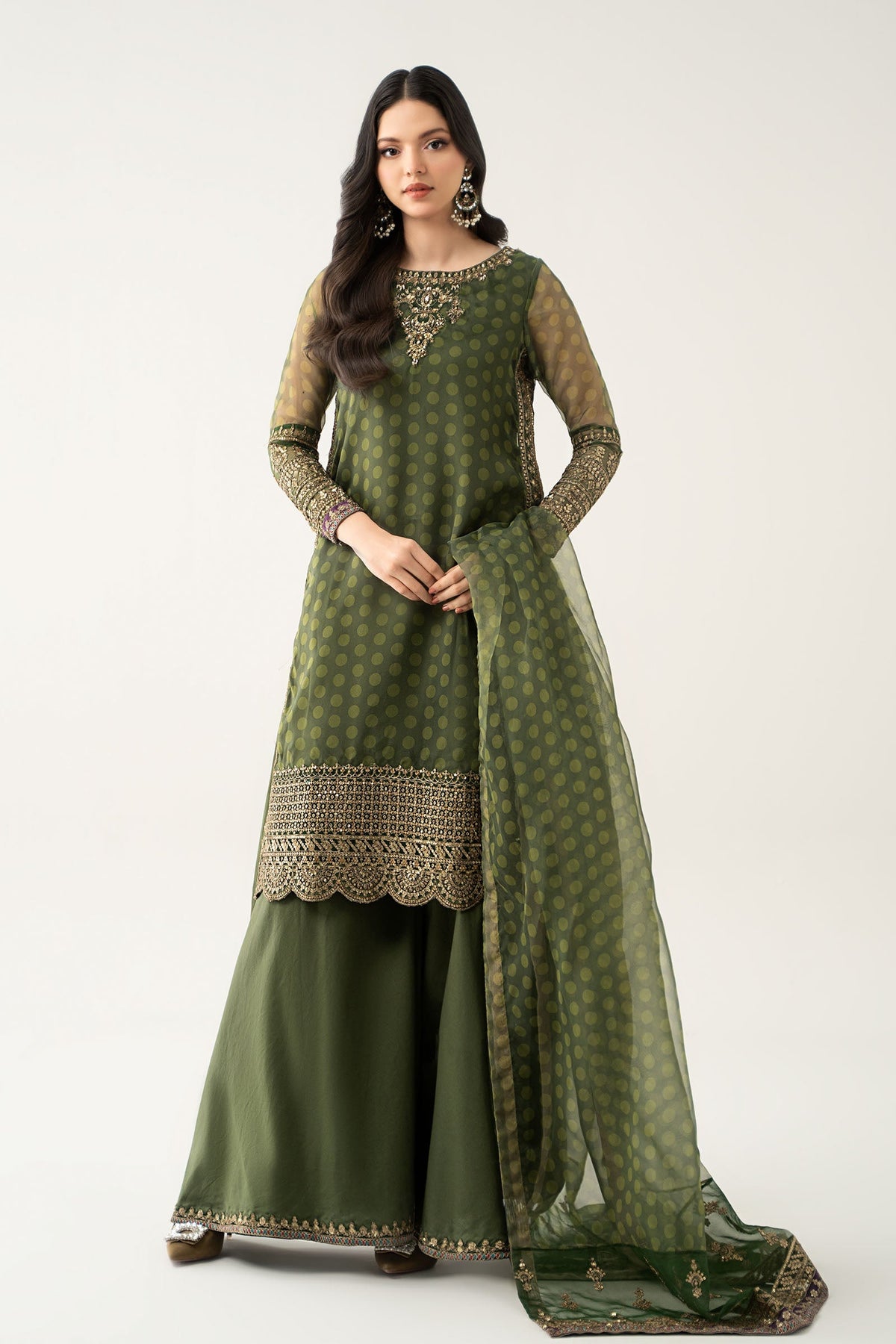 Maria B | Pre Fall Dresses | 3 Piece Embroidered Suit Deep Olive Green by Maria B - Designer Dress  - Type : Ladies Clothes - Available at Libayah - 100% Original 