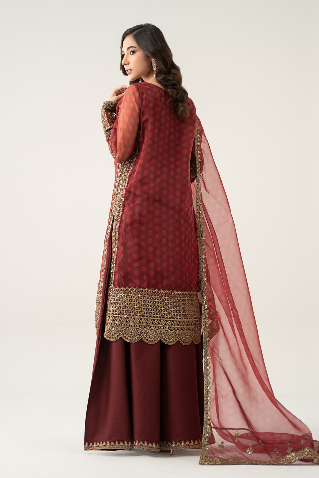 Maria B | Pre Fall Dresses | 3 Piece Embroidered Suit Marron by Maria B - Designer Dress  - Type : Ladies Clothes - Available at Libayah - 100% Original 
