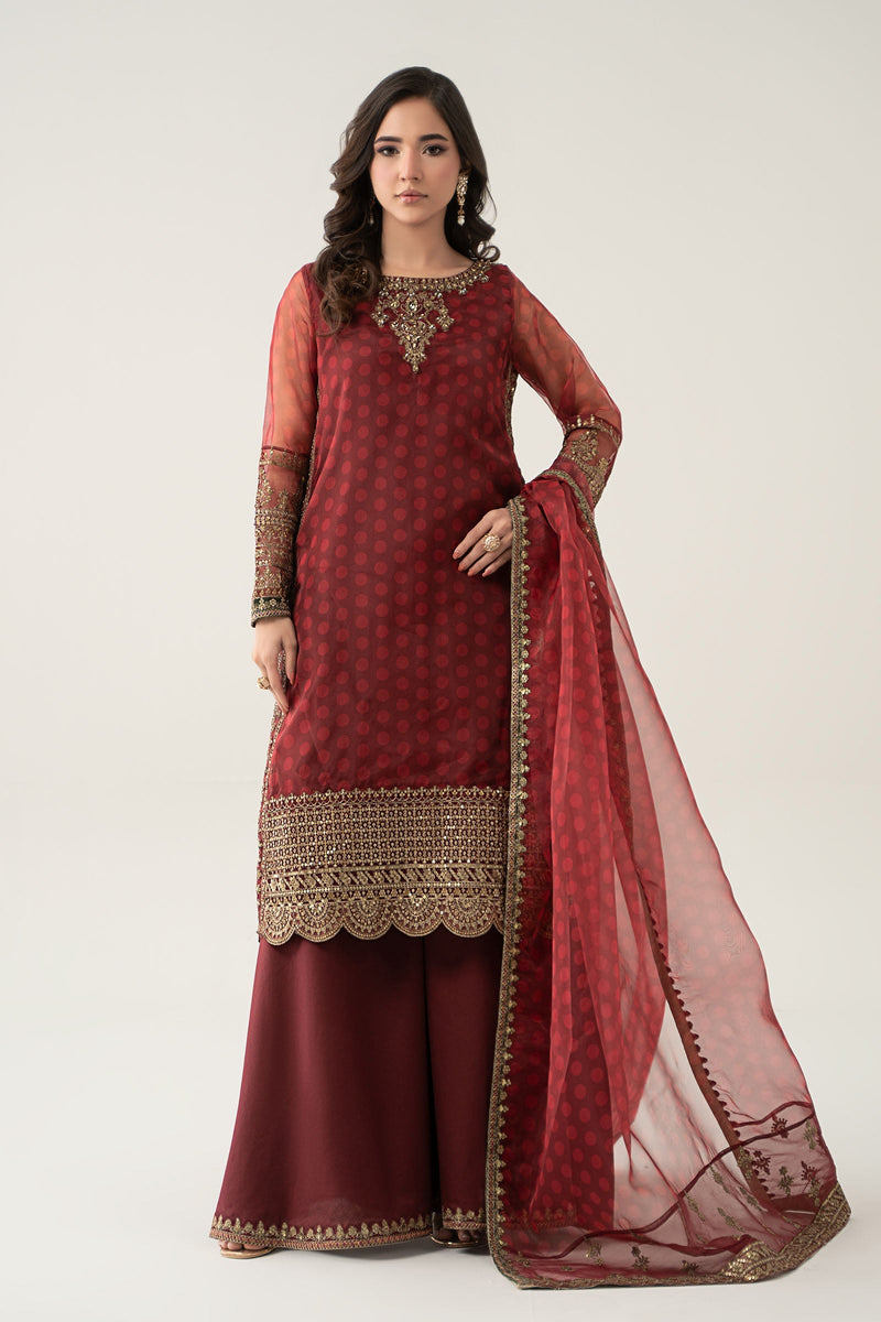 Maria B | Pre Fall Dresses | 3 Piece Embroidered Suit Marron by Maria B - Designer Dress  - Type : Ladies Clothes - Available at Libayah - 100% Original 