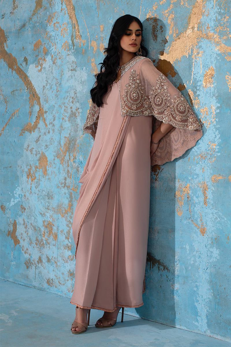 Wardha Saleem | Luxury Pret Fusion Wear | ROSALIE - FORMAL CAPE WITH DRAPE (2 PC) by Wardha Saleem - Designer Dress - Type: Ladies Clothes - Available at Libayah - 100% Original