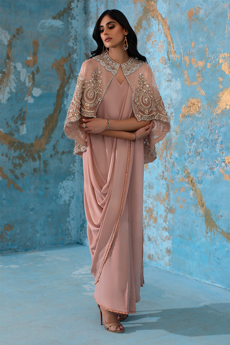 Wardha Saleem | Luxury Pret Fusion Wear | ROSALIE - FORMAL CAPE WITH DRAPE (2 PC) by Wardha Saleem - Designer Dress - Type: Ladies Clothes - Available at Libayah - 100% Original
