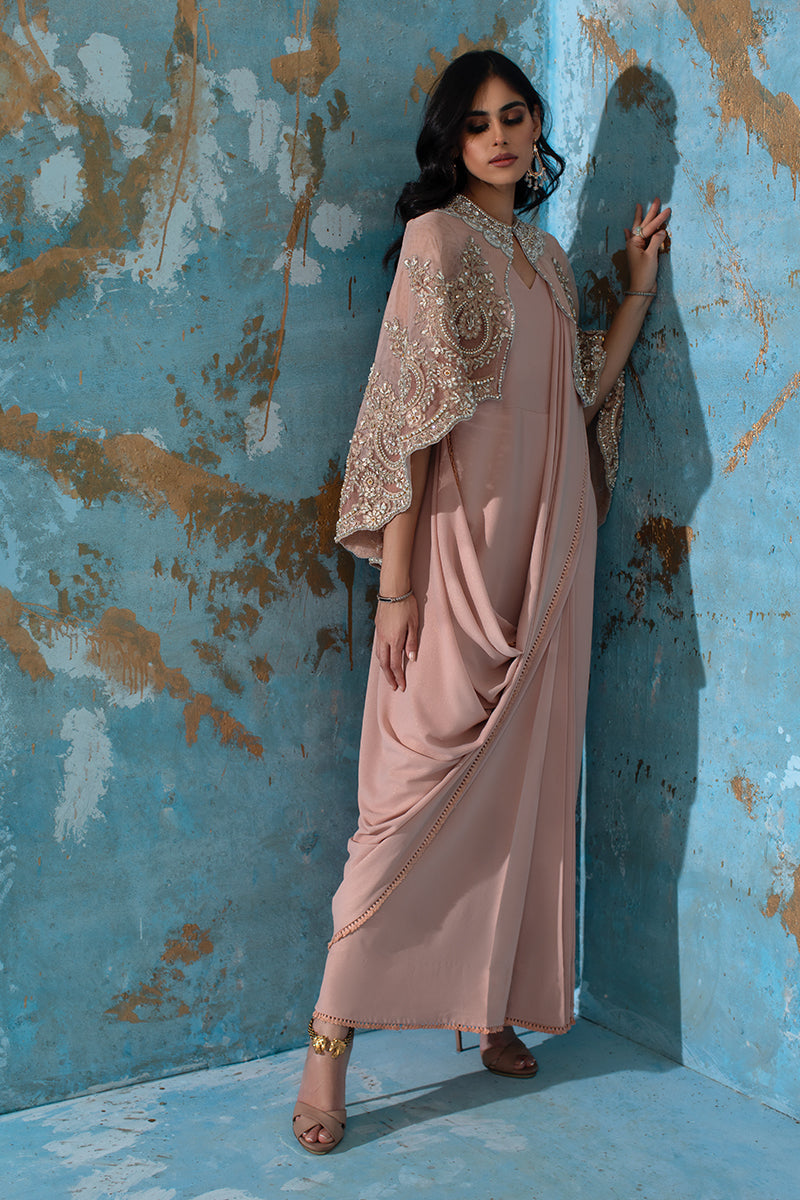 Wardha Saleem | Luxury Pret Fusion Wear | ROSALIE - FORMAL CAPE WITH DRAPE (2 PC) by Wardha Saleem - Designer Dress - Type: Ladies Clothes - Available at Libayah - 100% Original