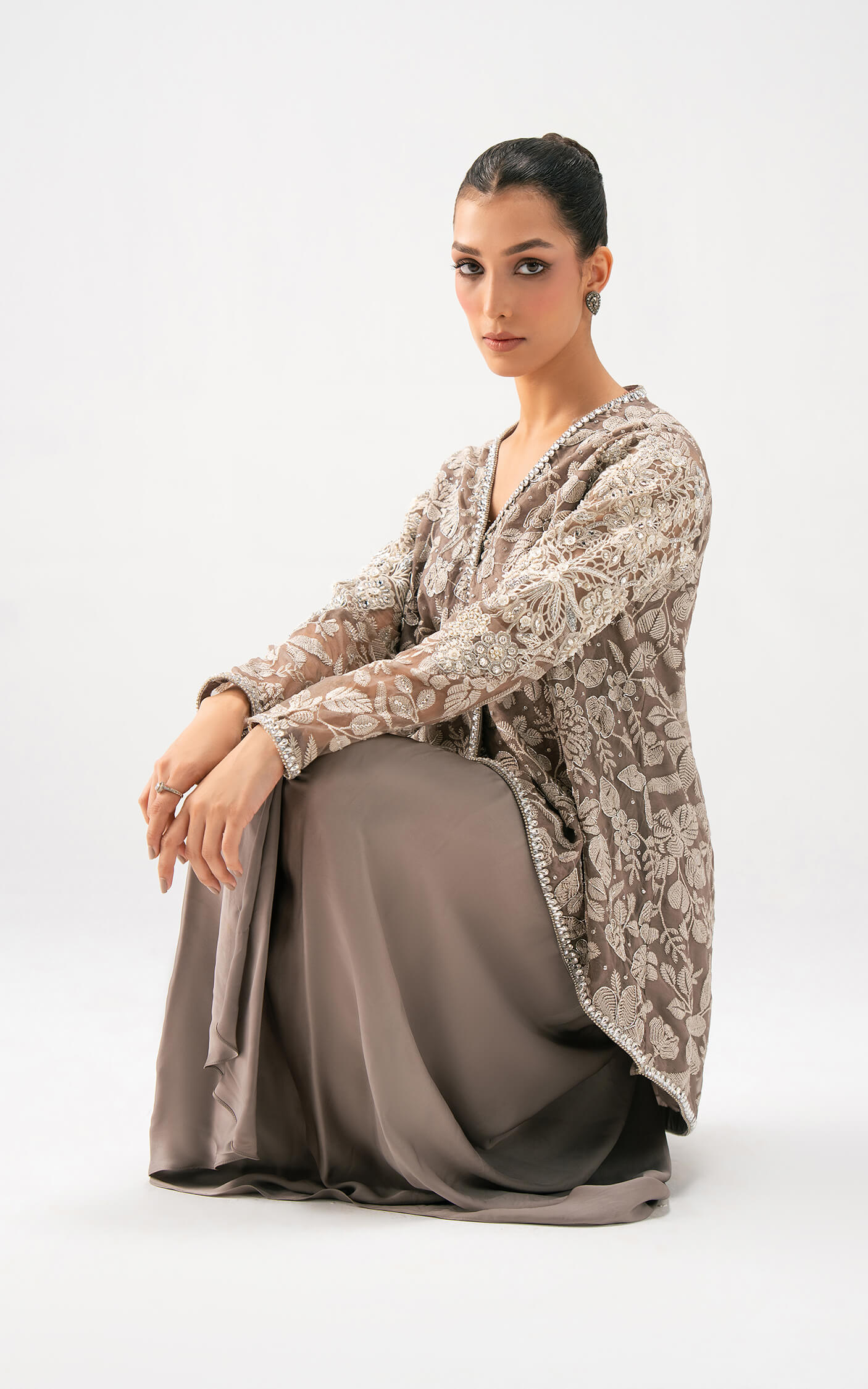 Asifa and Nabeel | Lyle Luxury Formals 25 | Taupe Bloom Drape Set by Asifa and Nabeel - Designer Dress  - Type : Ladies Clothes - Available at Libayah - 100% Original 