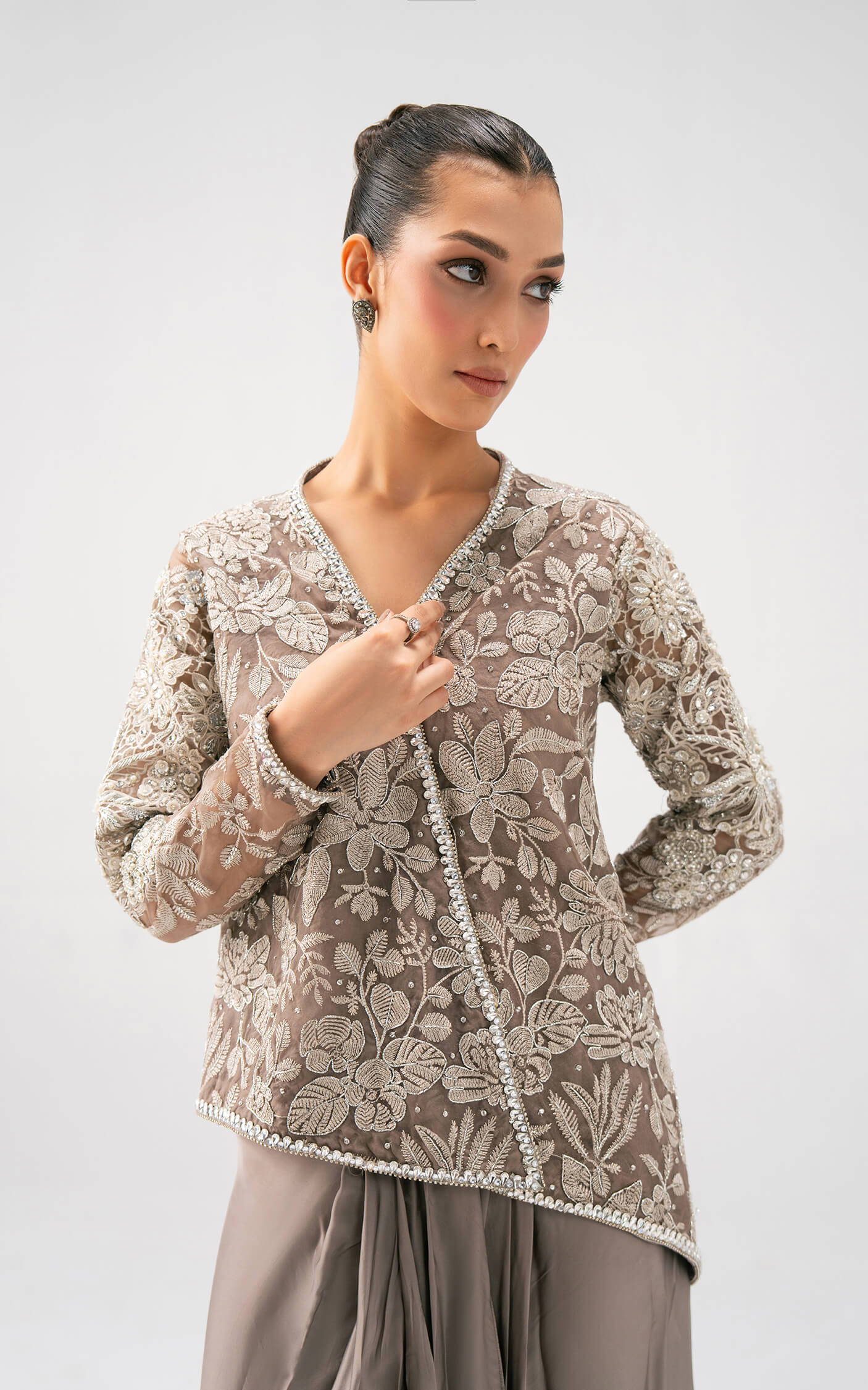 Asifa and Nabeel | Lyle Luxury Formals 25 | Taupe Bloom Drape Set by Asifa and Nabeel - Designer Dress  - Type : Ladies Clothes - Available at Libayah - 100% Original 