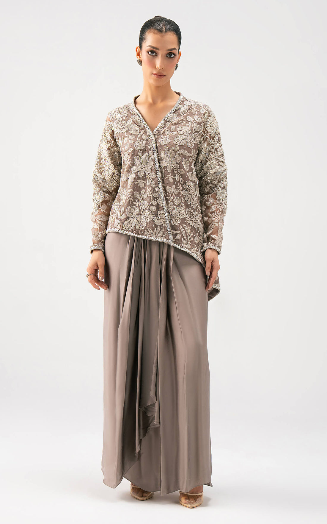 Asifa and Nabeel | Lyle Luxury Formals 25 | Taupe Bloom Drape Set by Asifa and Nabeel - Designer Dress  - Type : Ladies Clothes - Available at Libayah - 100% Original 