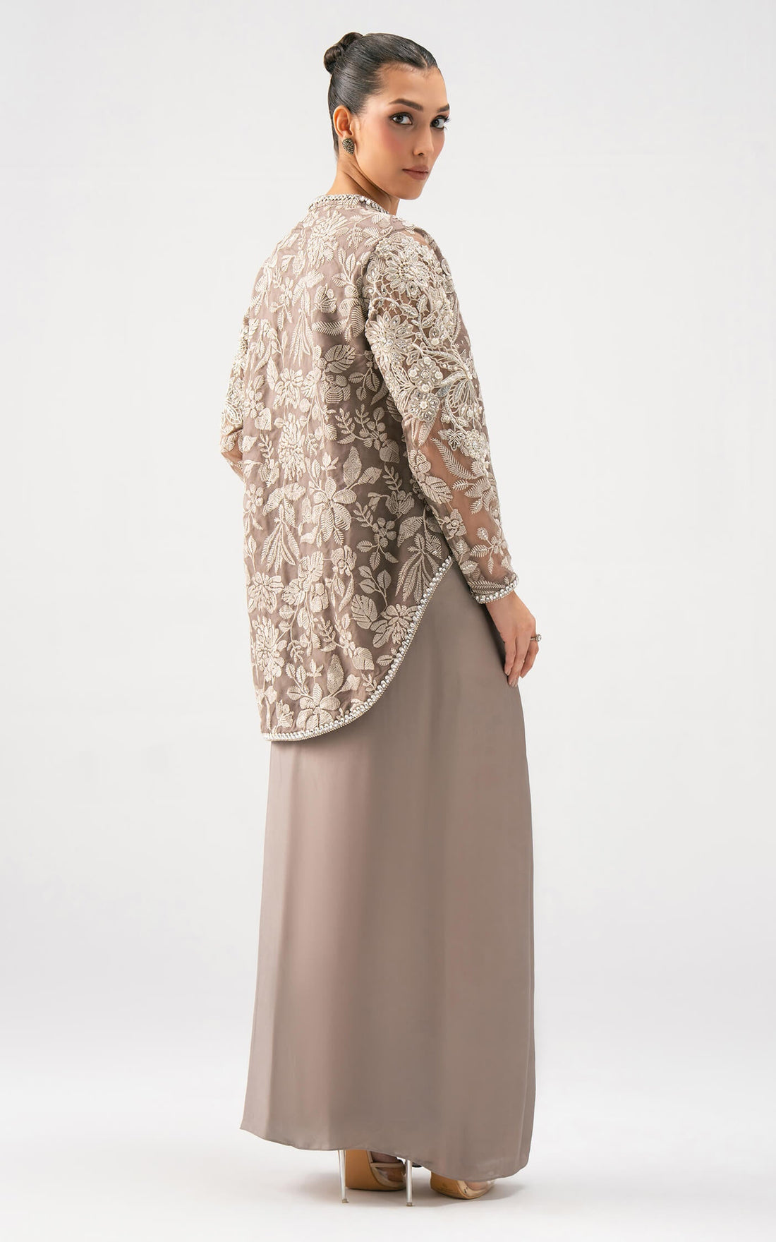 Asifa and Nabeel | Lyle Luxury Formals 25 | Taupe Bloom Drape Set by Asifa and Nabeel - Designer Dress  - Type : Ladies Clothes - Available at Libayah - 100% Original 