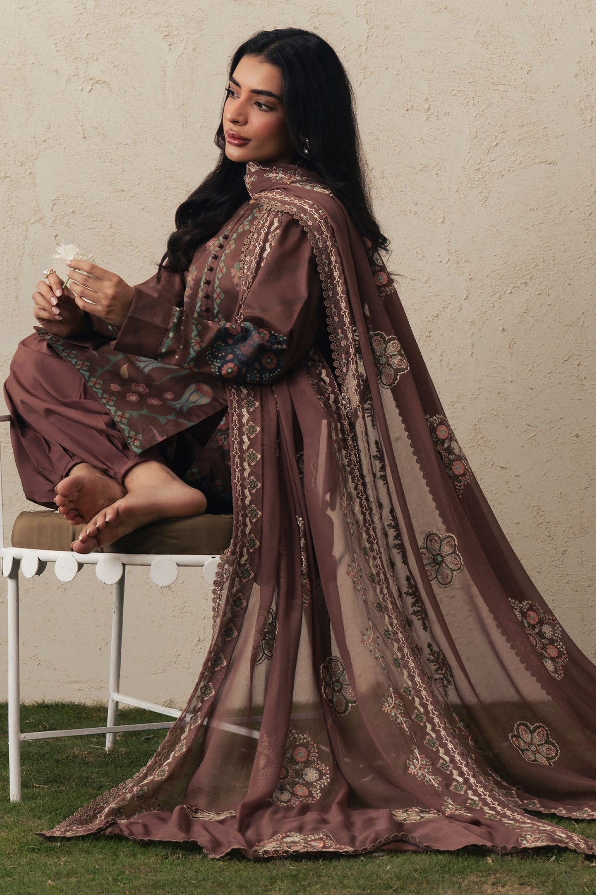 Cross Stitch | The Moonsoon Edit 26 | BRUNETTE GLAM-3PC PRINTED SUIT by Cross Stitch - Designer Dress  - Type : Ladies Clothes - Available at Libayah - 100% Original 