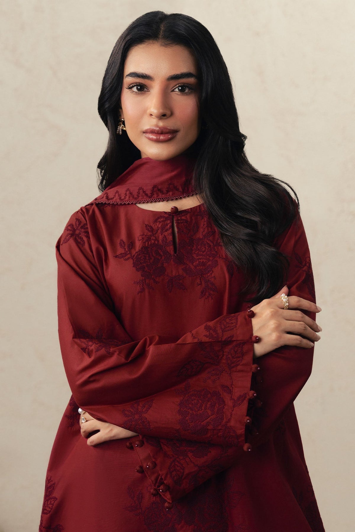 Cross Stitch | The Moonsoon Edit 26 | CRIMSON BLOOM-3PC EMBROIDERED SUIT by Cross Stitch - Designer Dress  - Type : Ladies Clothes - Available at Libayah - 100% Original 