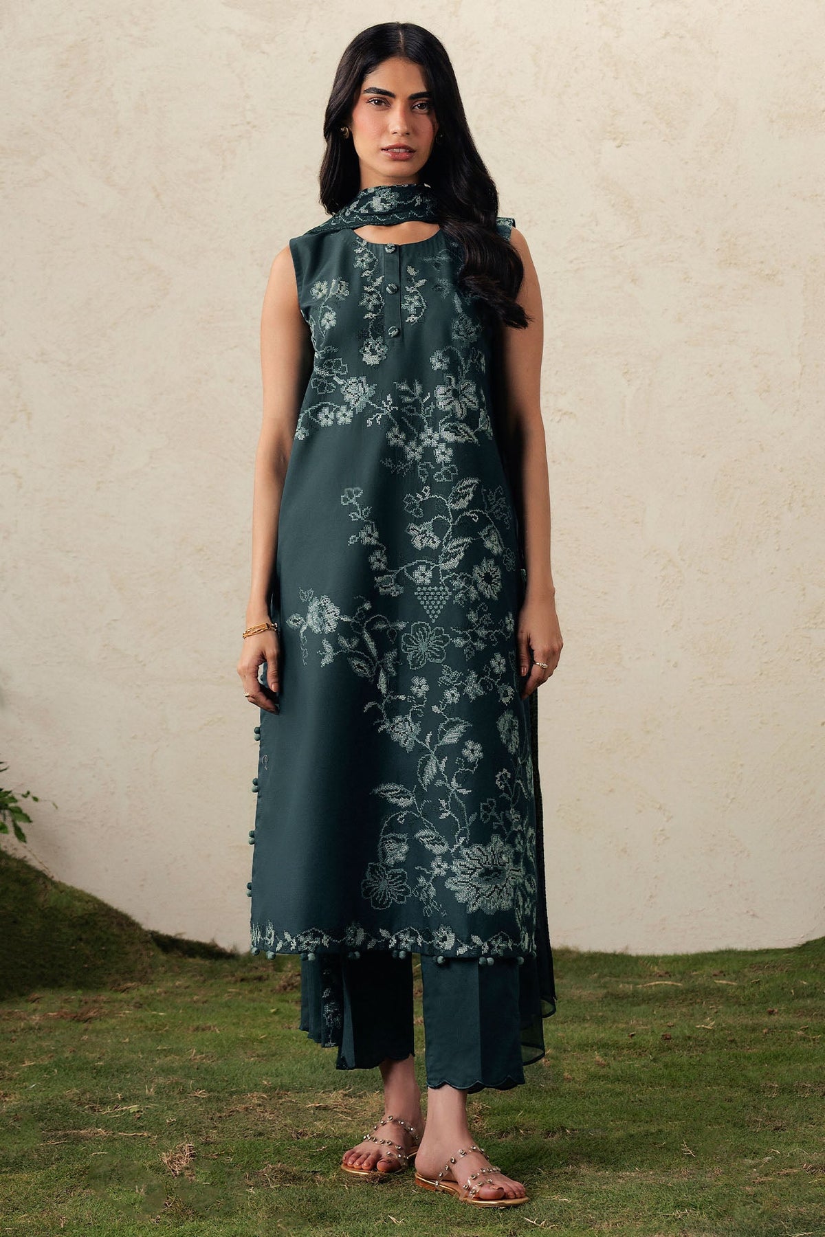 Cross Stitch | The Moonsoon Edit 26 | EMERALD TEAL-3PC EMBROIDERED SUIT by Cross Stitch - Designer Dress  - Type : Ladies Clothes - Available at Libayah - 100% Original 