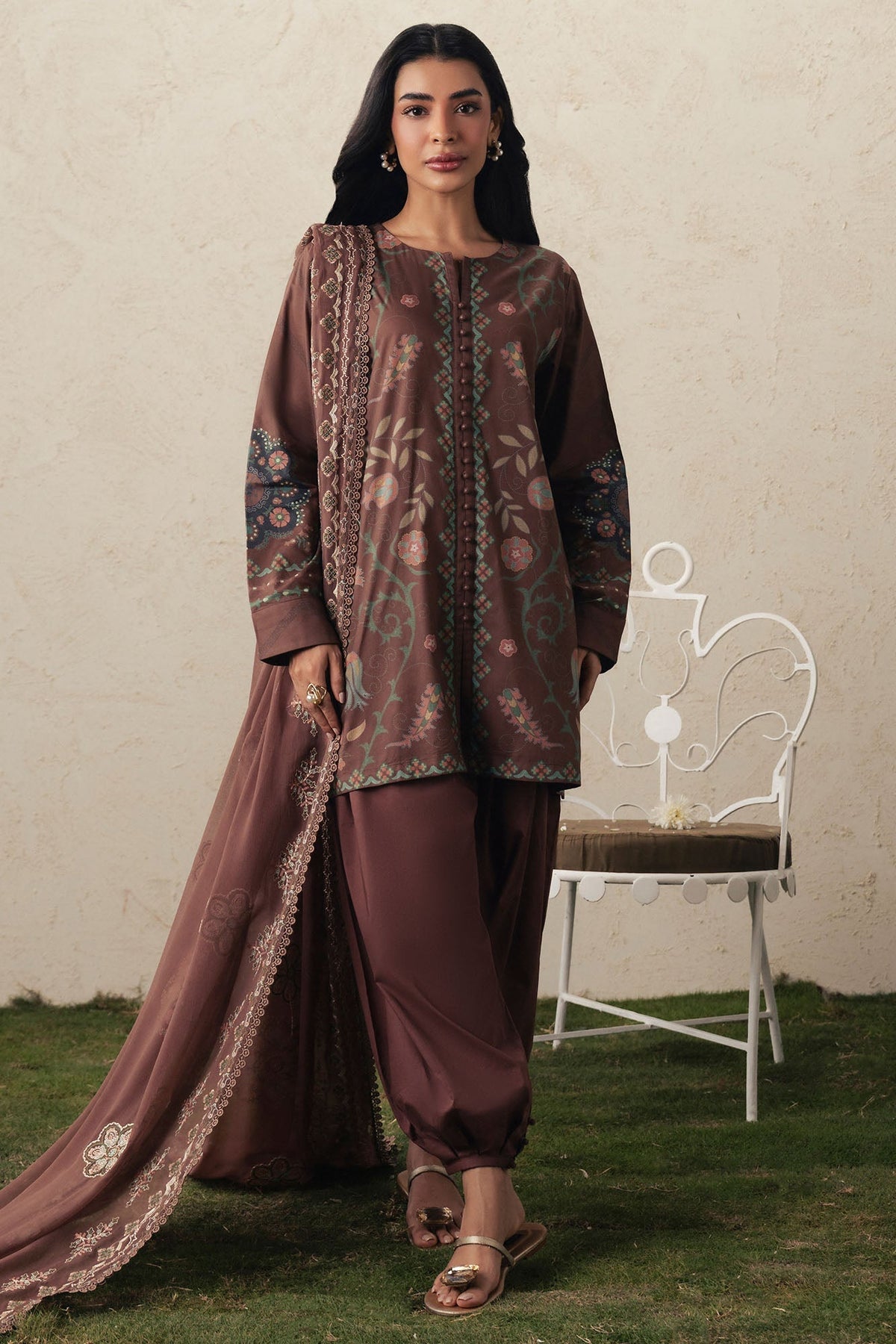 Cross Stitch | The Moonsoon Edit 26 | BRUNETTE GLAM-3PC PRINTED SUIT by Cross Stitch - Designer Dress  - Type : Ladies Clothes - Available at Libayah - 100% Original 
