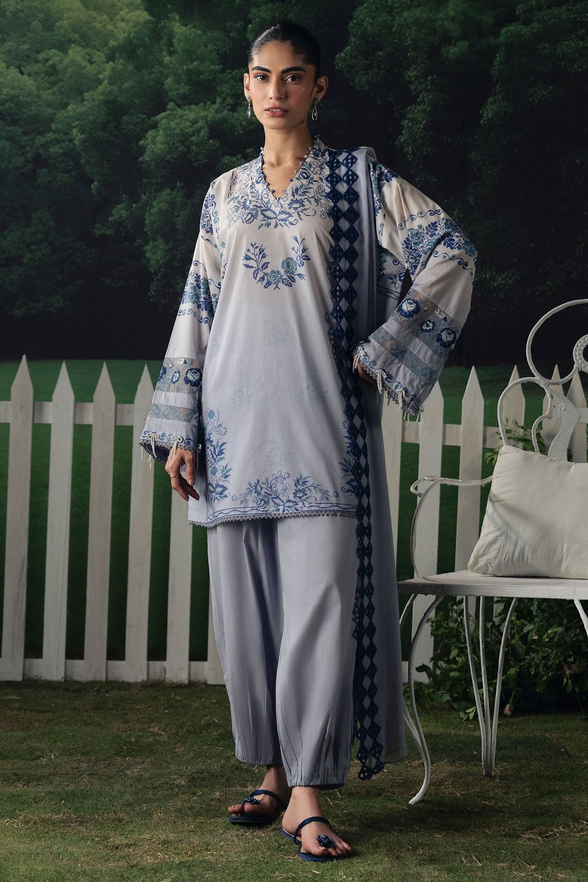 Cross Stitch | The Moonsoon Edit 26 | AZURE BLOOM-3PC PRINTED SUIT by Cross Stitch - Designer Dress  - Type : Ladies Clothes - Available at Libayah - 100% Original 
