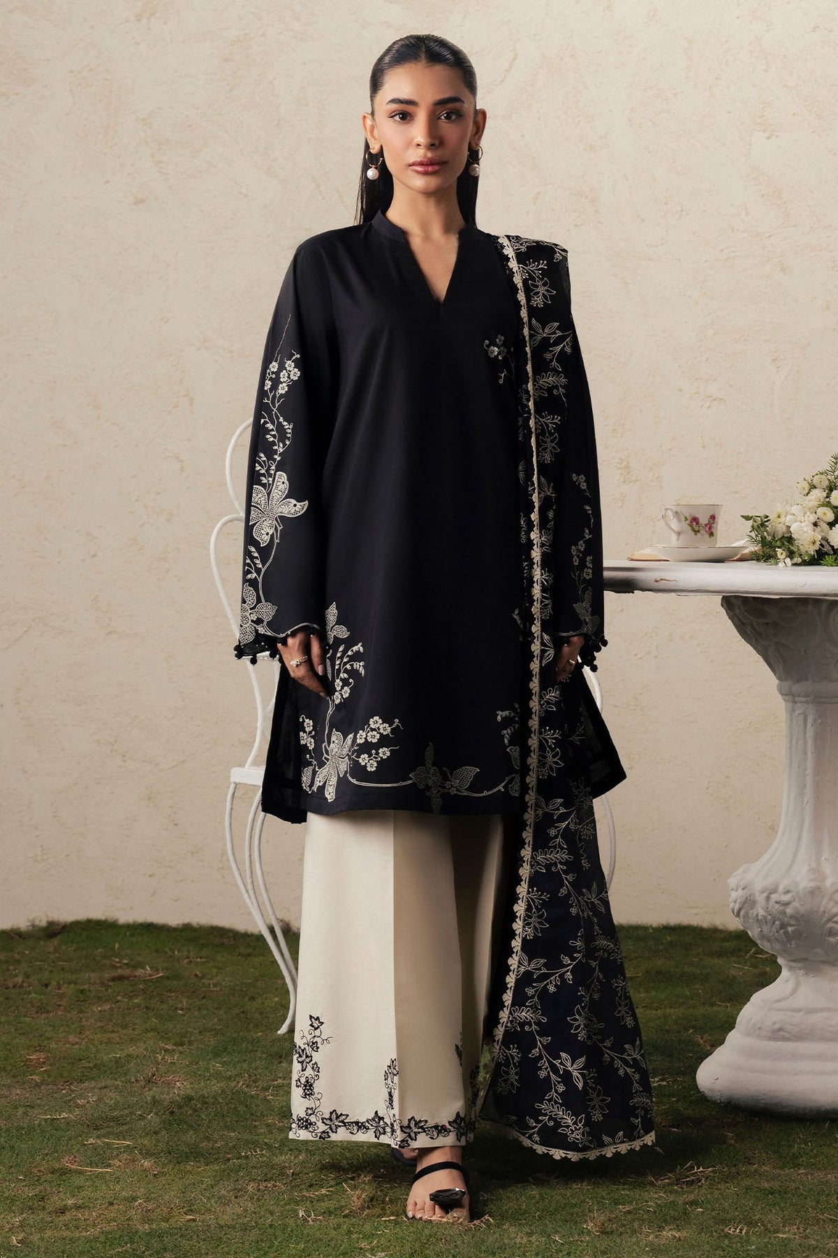Cross Stitch | The Moonsoon Edit 26 | EBONY LACE-3PC PRINTED SUIT by Cross Stitch - Designer Dress  - Type : Ladies Clothes - Available at Libayah - 100% Original 
