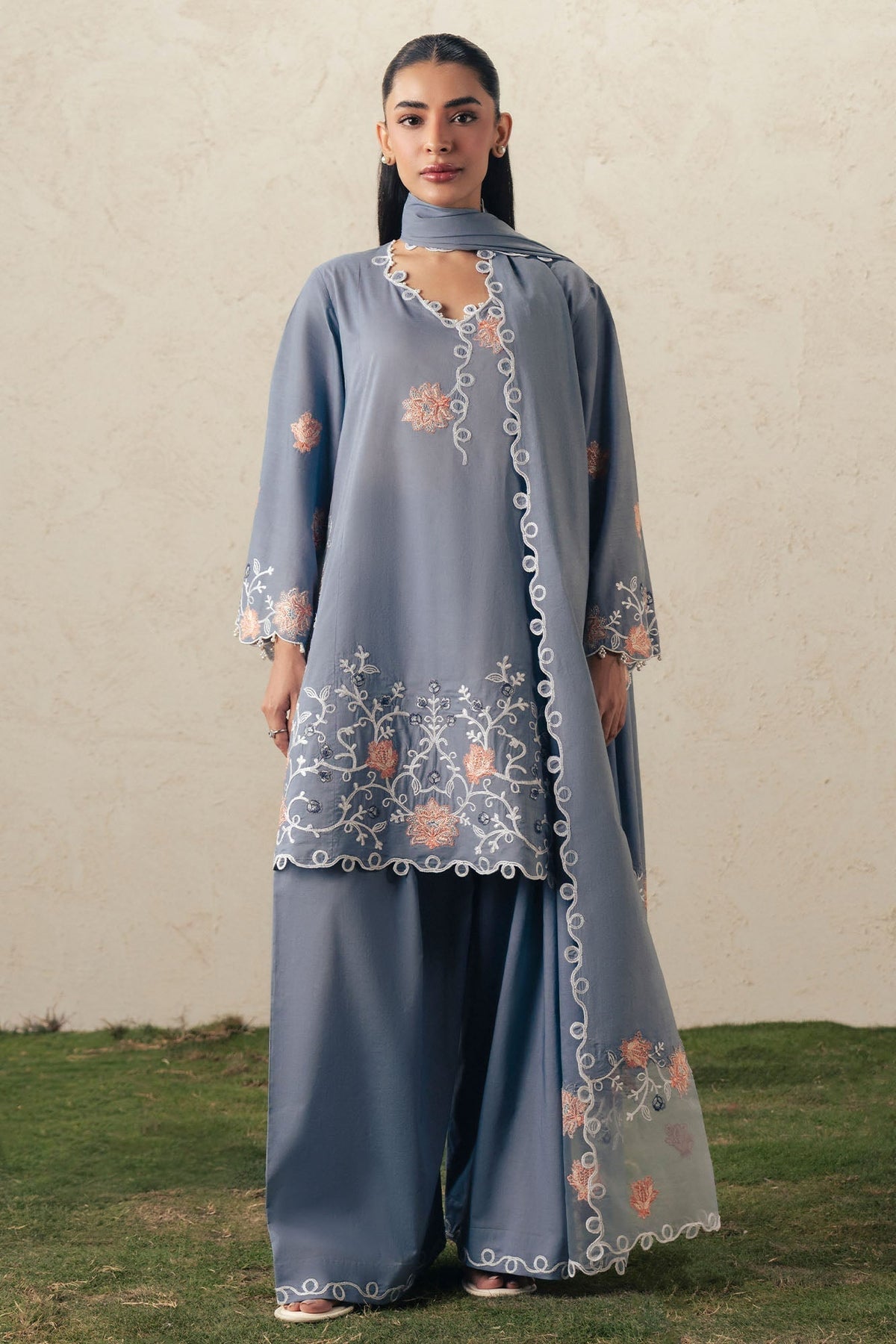 Cross Stitch | The Moonsoon Edit 26 | SAFRON SKY-3PC EMBROIDERED SUIT by Cross Stitch - Designer Dress  - Type : Ladies Clothes - Available at Libayah - 100% Original 