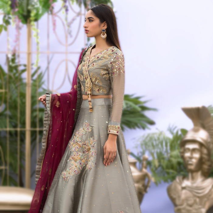 Wahaj M.Khan | Nureh Wedding Formals | Grey and Magenta Lenga Choli by Wahaj M.Khan - Designer Dress - Type: Ladies Clothes - Available at Libayah - 100% Original
