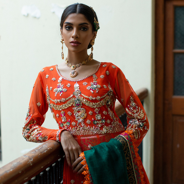 Wahajmkhan | Bahar Begum Formals | BURNT & EMERALD SHAWL ANARKALI by Wahaj M.Khan - Designer Dress - Type: Ladies Clothes - Available at Libayah - 100% Original