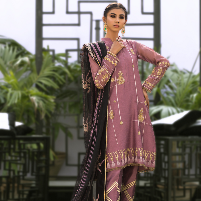 Wahaj M.Khan | Nureh Wedding Formals | Lilac and Black Straight shirt and Pants with Shawl by Wahaj M.Khan - Designer Dress - Type: Ladies Clothes - Available at Libayah - 100% Original