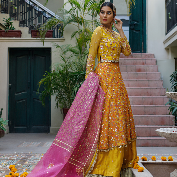 Wahajmkhan | Bahar Begum Formals | MUSTARD LAYERED LEHNGA CHOLI by Wahaj M.Khan - Designer Dress - Type: Ladies Clothes - Available at Libayah - 100% Original