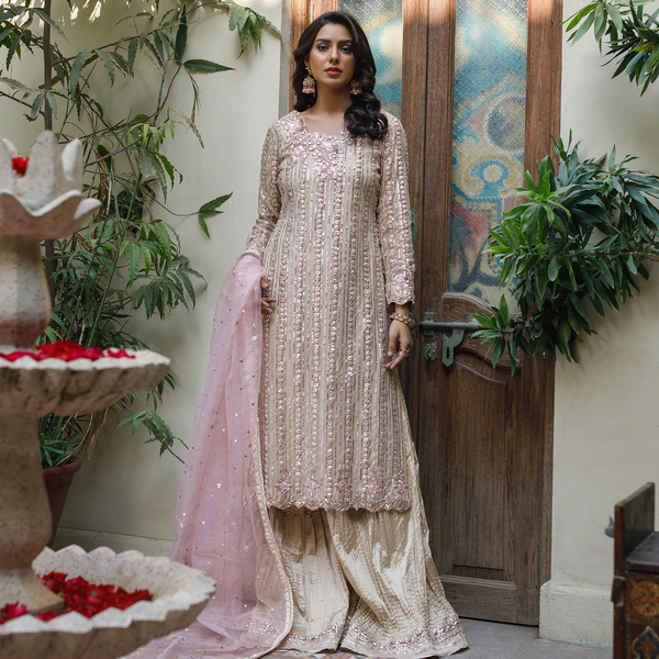 Wahajmkhan | Bahar Begum Formals | IVORY ROSE GOLD GOTTA JORA by Wahaj M.Khan - Designer Dress - Type: Ladies Clothes - Available at Libayah - 100% Original
