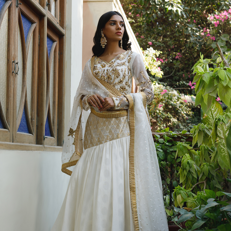 Wahajmkhan | Bahar Begum Formals | WHITE GOLD MERMAID LC by Wahaj M.Khan - Designer Dress - Type: Ladies Clothes - Available at Libayah - 100% Original