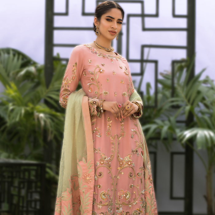 Wahaj M.Khan | Nureh Wedding Formals | Pink and Mint Green Straight Shirt and Pant by Wahaj M.Khan - Designer Dress - Type: Ladies Clothes - Available at Libayah - 100% Original