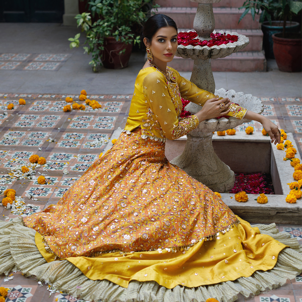 Wahajmkhan | Bahar Begum Formals | MUSTARD LAYERED LEHNGA CHOLI by Wahaj M.Khan - Designer Dress - Type: Ladies Clothes - Available at Libayah - 100% Original