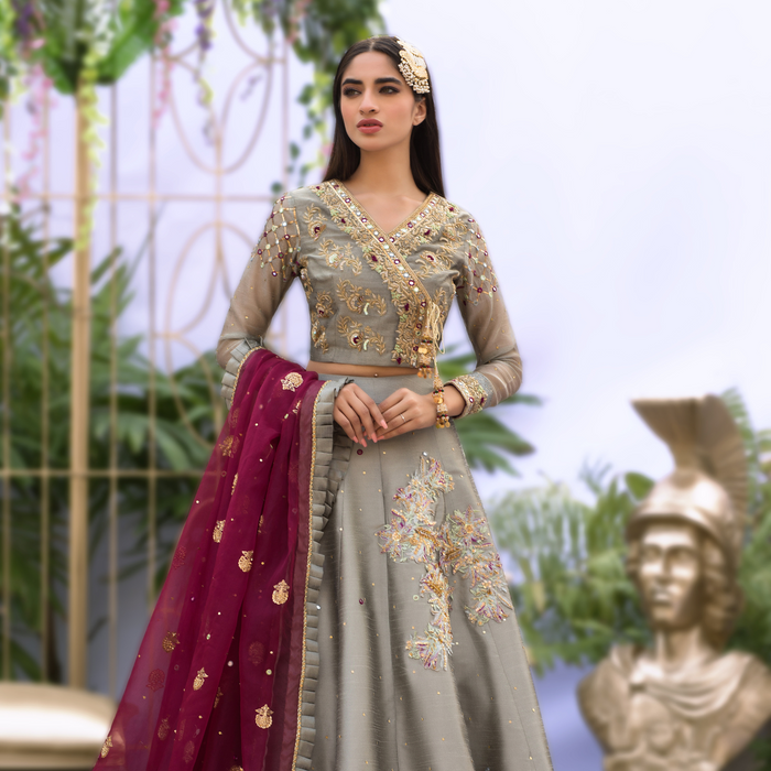 Wahaj M.Khan | Nureh Wedding Formals | Grey and Magenta Lenga Choli by Wahaj M.Khan - Designer Dress - Type: Ladies Clothes - Available at Libayah - 100% Original