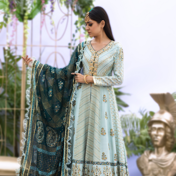 Wahaj M.Khan | Nureh Wedding Formals | Ferozi and Teal BlockPrint Angarkha by Wahaj M.Khan - Designer Dress - Type: Ladies Clothes - Available at Libayah - 100% Original