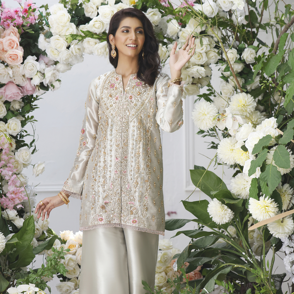 Wahajmkhan | Eden wedding Formals | SILVER SHORT JACKET by Wahaj M.Khan - Designer Dress - Type: Ladies Clothes - Available at Libayah - 100% Original