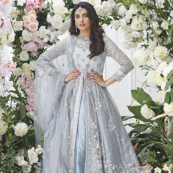 Wahajmkhan | Eden wedding Formals | ICE BLUE ANARKALI WITH FRILL LENGA by Wahaj M.Khan - Designer Dress - Type: Ladies Clothes - Available at Libayah - 100% Original