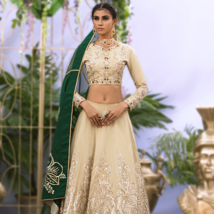 Wahaj M.Khan | Nureh Wedding Formals | Ivory and Jade Lenga Choli by Wahaj M.Khan - Designer Dress - Type: Ladies Clothes - Available at Libayah - 100% Original