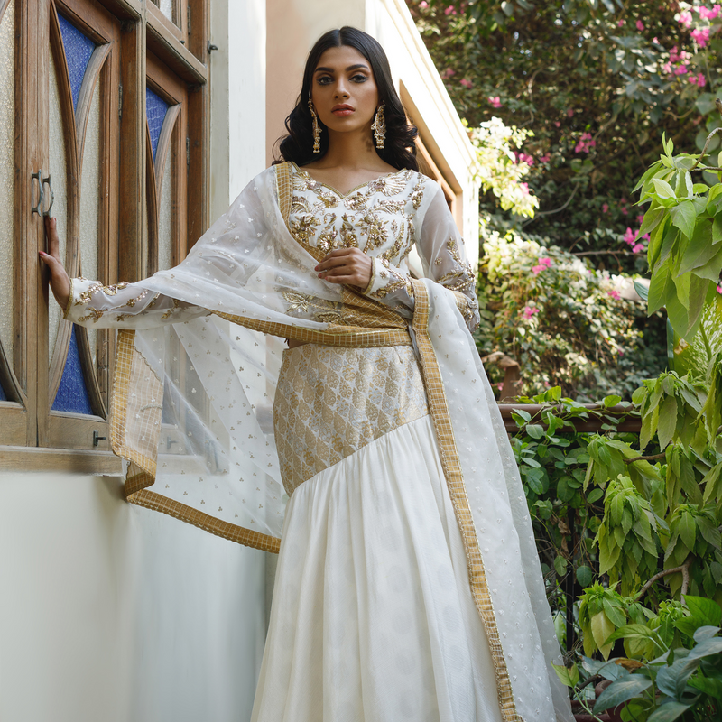 Wahajmkhan | Bahar Begum Formals | WHITE GOLD MERMAID LC by Wahaj M.Khan - Designer Dress - Type: Ladies Clothes - Available at Libayah - 100% Original