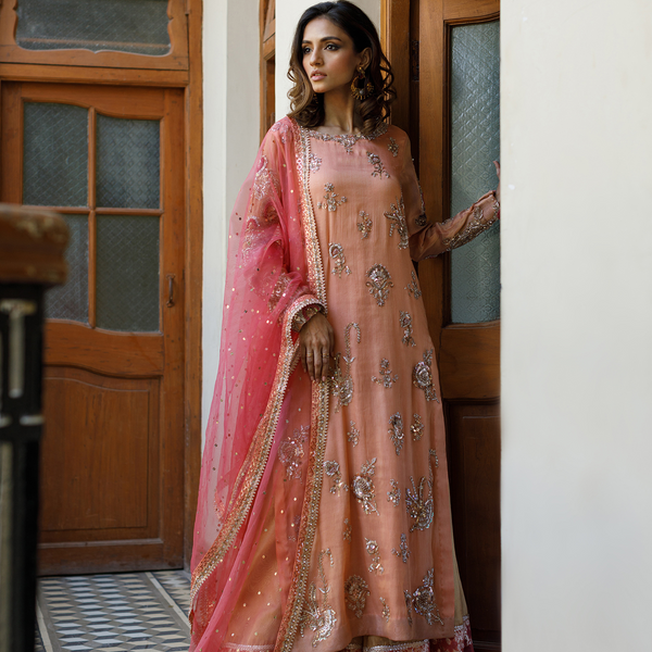 Wahajmkhan | Bahar Begum Formals | PEACH CORAL BAHAR OUTFIT by Wahaj M.Khan - Designer Dress - Type: Ladies Clothes - Available at Libayah - 100% Original