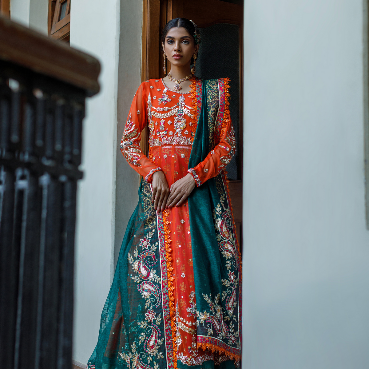 Wahajmkhan | Bahar Begum Formals | BURNT & EMERALD SHAWL ANARKALI by Wahaj M.Khan - Designer Dress - Type: Ladies Clothes - Available at Libayah - 100% Original