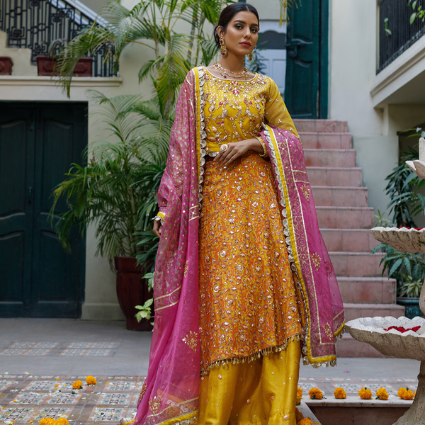 Wahajmkhan | Bahar Begum Formals | MUSTARD LAYERED LEHNGA CHOLI by Wahaj M.Khan - Designer Dress - Type: Ladies Clothes - Available at Libayah - 100% Original