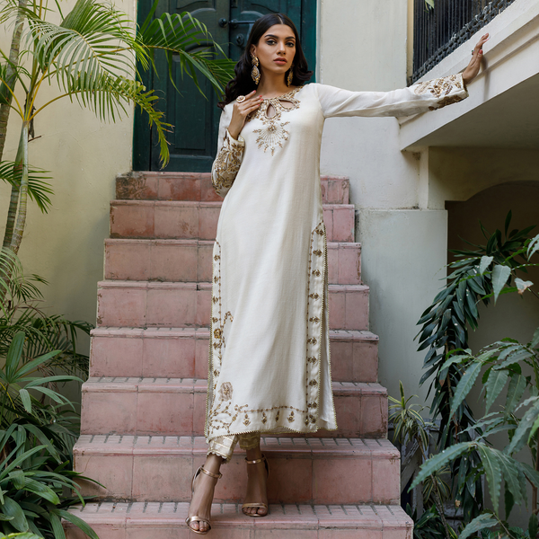 Wahajmkhan | Bahar Begum Formals | IVORY & COPPER BEGUM OUTFIT by Wahaj M.Khan - Designer Dress - Type: Ladies Clothes - Available at Libayah - 100% Original
