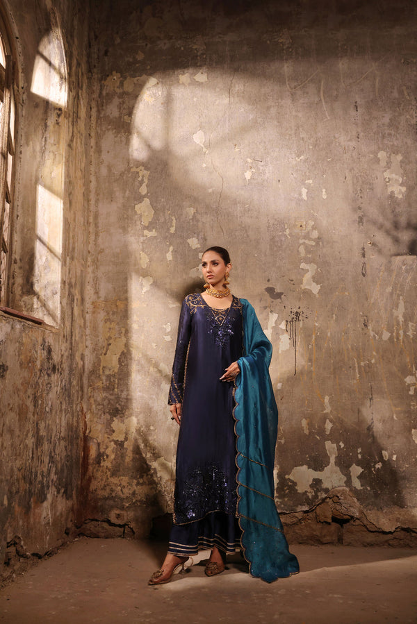 Wahaj M Khan | Banno Formals |  Navy Slit Bano Silk by Wahaj M Khan - Designer Dress - Type: Ladies Clothes - Available at Libayah - 100% Original