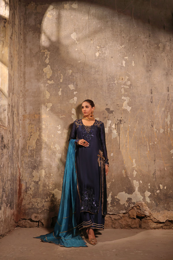 Wahaj M Khan | Banno Formals |  Navy Slit Bano Silk by Wahaj M Khan - Designer Dress - Type: Ladies Clothes - Available at Libayah - 100% Original