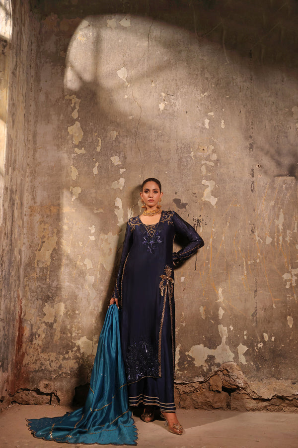 Wahaj M Khan | Banno Formals |  Navy Slit Bano Silk by Wahaj M Khan - Designer Dress - Type: Ladies Clothes - Available at Libayah - 100% Original