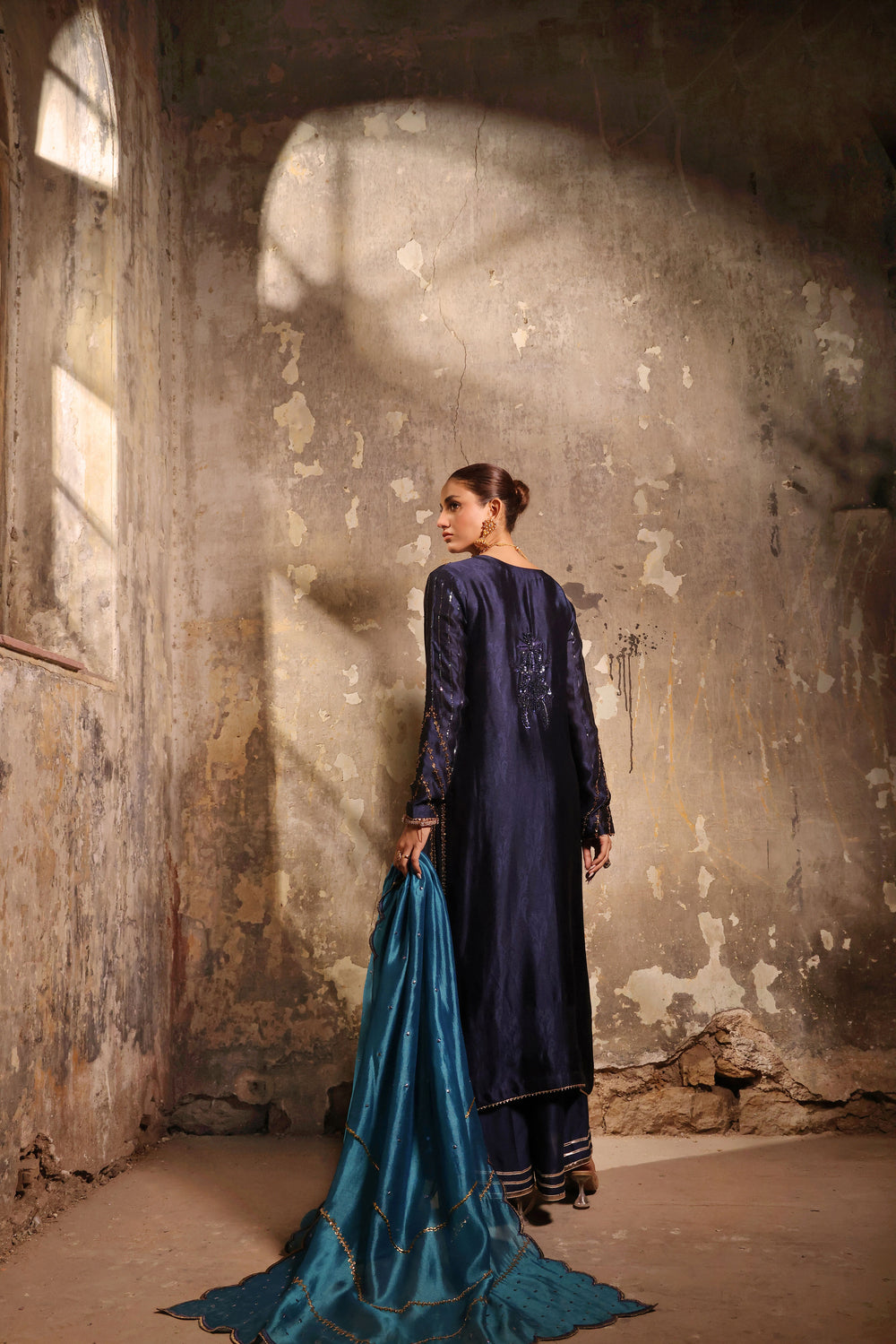 Wahaj M Khan | Banno Formals |  Navy Slit Bano Silk by Wahaj M Khan - Designer Dress - Type: Ladies Clothes - Available at Libayah - 100% Original