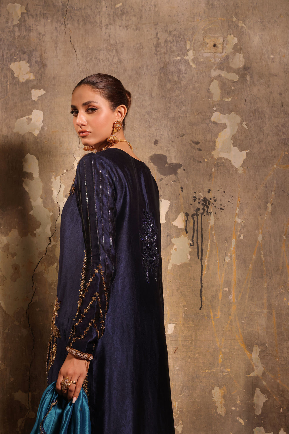 Wahaj M Khan | Banno Formals |  Navy Slit Bano Silk by Wahaj M Khan - Designer Dress - Type: Ladies Clothes - Available at Libayah - 100% Original