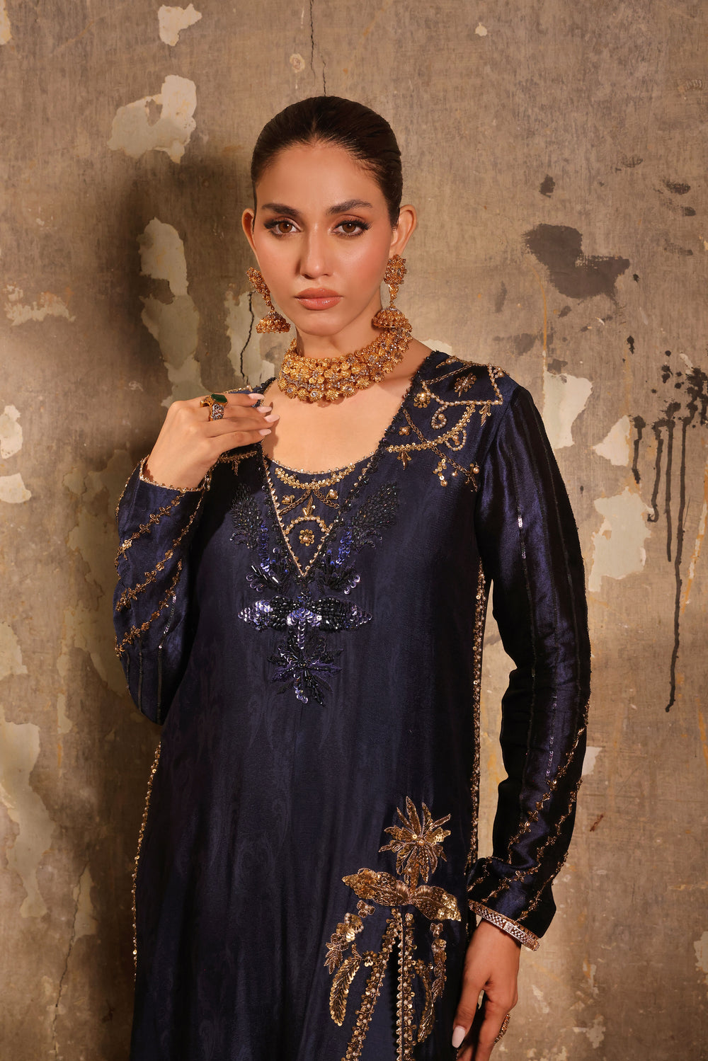 Wahaj M Khan | Banno Formals |  Navy Slit Bano Silk by Wahaj M Khan - Designer Dress - Type: Ladies Clothes - Available at Libayah - 100% Original